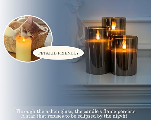 Image of Glass Flameless Pillar Candles Flickering with Remote Timer, Battery Operated LED 3D Moving Flame Real Wax Candles,Remote Included (Gray)