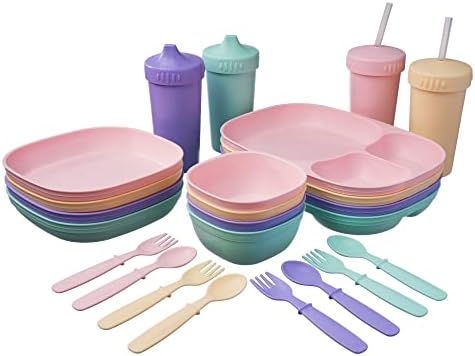 MightyMoe Kid’s Dinnerware Set - 28 Pieces, 4 Place Settings - Pastel Color Set - Tough Tableware for Toddlers - Made in the USA - Dishwasher and Microwave Safe - BPA Free and Shatter Resistant