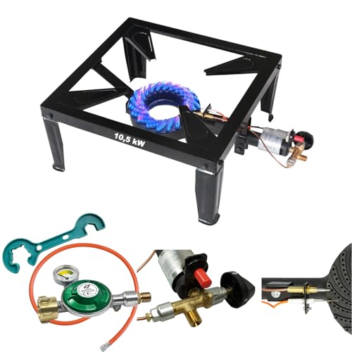 Bluecraft - Gaskocher Hockerkocher Gas 10,5 KW mit Zündsicherung und Piezozündung inklusive Gasschlauch 150cm und Gasregler 50mbar mit Manometer | Profi Camping-Kocher Outdoor für Gasflasche Bluecraft - Gaskocher Hockerkocher Gas 10,5 KW mit Zündsicherung und Piezozündung inklusive Gasschlauch 150cm und Gasregler 50mbar mit Manometer | Profi Camping-Kocher Outdoor für Gasflasche