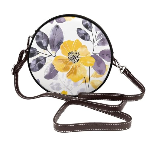 Sac à bandoulière rond pour femme en cuir végétalien floral jaune gris à sangle réglable
