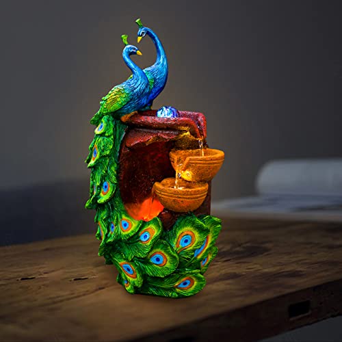 Elegant Indoor Water Fountains with LED Crystal Ball Peacock Shape Resin Feng Shui Ball Fountain Small Desktop Waterfall Fountain for Home Living Room Bedroom Office Decor