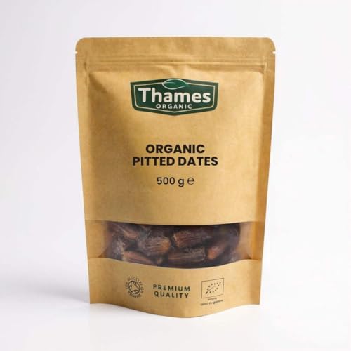 Organic Dried Pitted Dates - Raw Vegan GMO-Free - No Additives or Preservatives High Fibre Certified Organic - Nutritious Delicious and Convenient - Thames Organic 500g