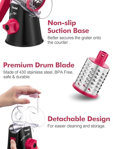 Geedel Rotary Cheese Grater, Kitchen Mandoline Vegetable Slicer with 3 Interchangeable Blades, Easy to Clean Rotary Grater Slicer for Fruit, Vegetables, Nuts