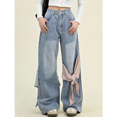 Fashion Straight High Waisted Wide Leg Jeans Casual Y2K Gradual Plaid Bow Tie Patchwork Denim Pants4