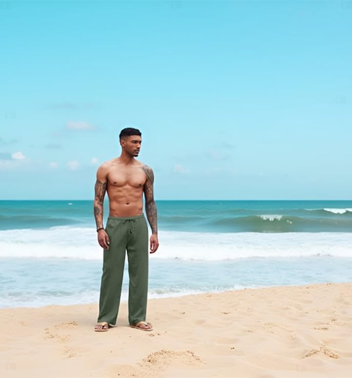 Image of CB-COLEBROOK Mens Casual Linen | Elastic Waist | Drawstring Summer Beach Yoga Linen Trouser | Loose Fit Pyjama Pants for Man