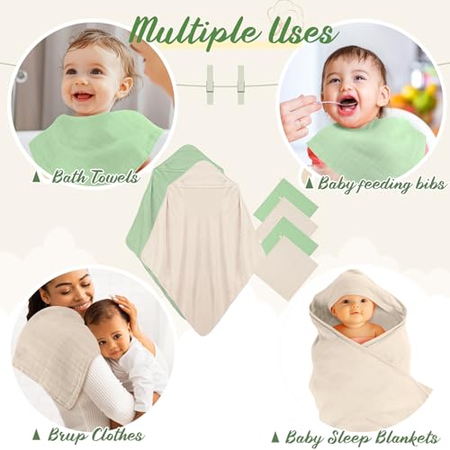 Image of Preboun 6 Pcs Muslin Hooded Baby Towels and Washcloths 32 inchx 32 inch Cotton Newborn Bath Towel Anti-Shrink Infant Baby Blankets with Hood 12 inchx 12 inch Washcloths for Girl Boy Toddler(Ivory,Green)