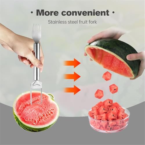 Image of 2-in-1 Watermelon Cutter & Fork Slicer, Stainless Steel Fruit Cutter Tool, Portable Watermelon Slicer Fork for Home, Kitchen, Camping & Party Use