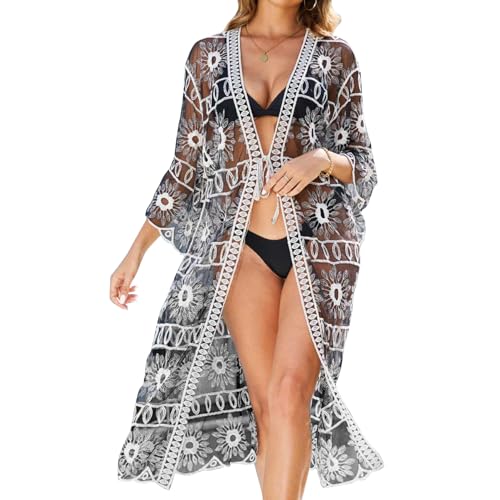 Women's Lace Cardigan – Beach Cover-Up Crochet Embroidered Vacation Bikini Swimsuit Sun Protection Lightweight Summer Outerwear Black