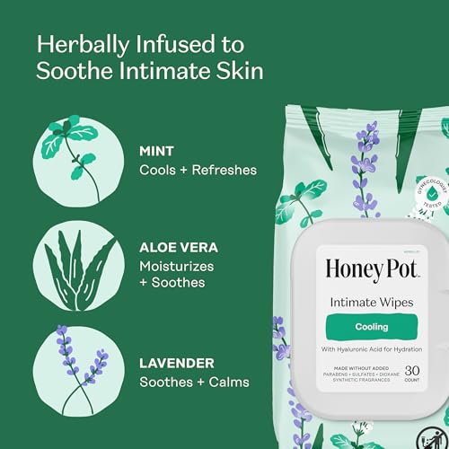 Image of The Honey Pot Company - Feminine Wipes - Cooling - Cooling Tingle Effect - Herbal Infused w /Mint, Aloe Vera, Lavender - pH Balanced Feminine Care for Sensitive Skin - Cleansing Wipes for Women - 30ct
