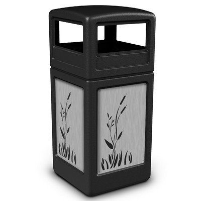 Image of Precision Series 42 Gallon Waste Containers with Dome Lid and Stainless Steel Panels Cattails Design Color: Black