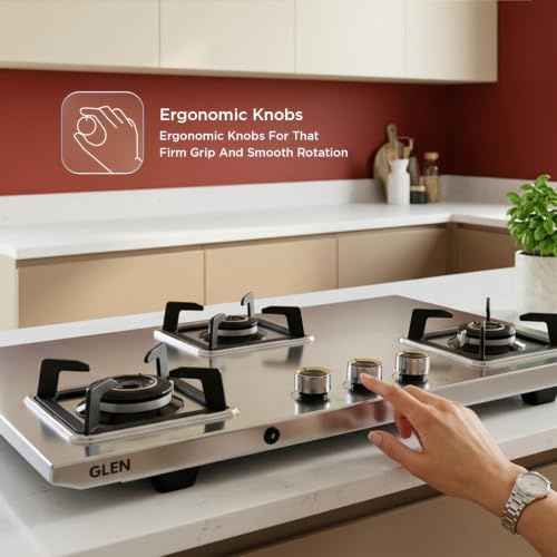 Image of Glen 3 Burner Stainless Steel LPG Gas Stove | Auto Ignition | 10 Year Warranty on Burners & Gas Valve | 1 Jumbo Forged Brass Burner | Ultra Tuff Body | 360 Revolving Inlet Nozzle | 1053UTTNDTSSAI