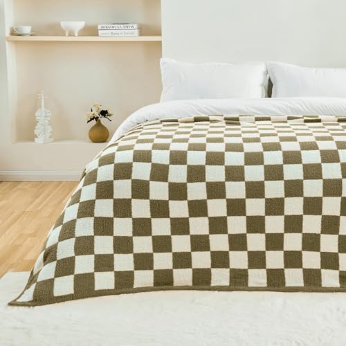 Image of CozeCube Olive Green White Reversible Checkered Knit Throw Blanket 50 inchx60 inch