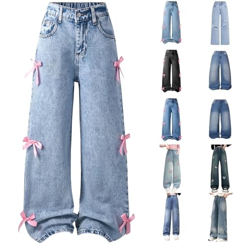 Clothes for Girls 10-12 Jeans for Girls Baggy Cute Denim Jean Pants Kids Y2K with Pockets High Waisted Embroidered Trousers for Teens * Bow Light Blue 150