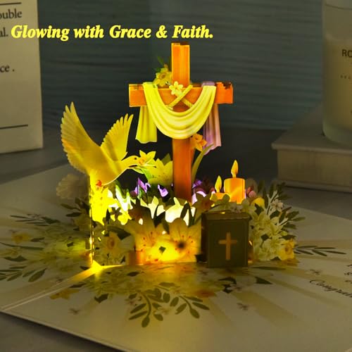 Image of VIVIKEN Confirmation Pop Up Card with Lights, 3D Musical Religious Cards