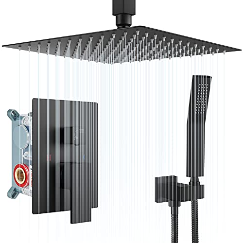Aolemi Matte Black Shower System 12 Inch Rain Shower Head Ceiling Mount with Handheld Spray Luxury High Pressure Shower Combo Set Rough-in Valve and Shower Trim Included Bathroom