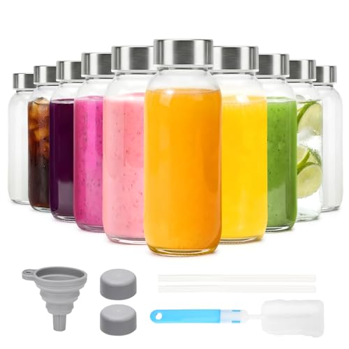 Image of Luxfuel Glass Juice Bottles with Lid 12 oz, 10 Pack Reusable Glass Water Bottles with Stainless Steel Cap & Straws, BPA Free, Leak Proof Juice Bottle Containers for Juicing, Smoothies & Fridge Storage