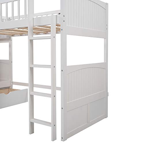 Glorhome Twin-Over-Twin Wooden L-Shaped Triple Bunk Bed With Ladders And 2 Storage Drawers, Space Saving Bedroom Furniture For Kids Teens, White #TOP5