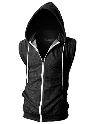 Ohoo Mens Slim Fit Sleeveless Lightweight Zip-up Hooded Vest With Single Slide Zipper/DCF012-CHARCOAL-L