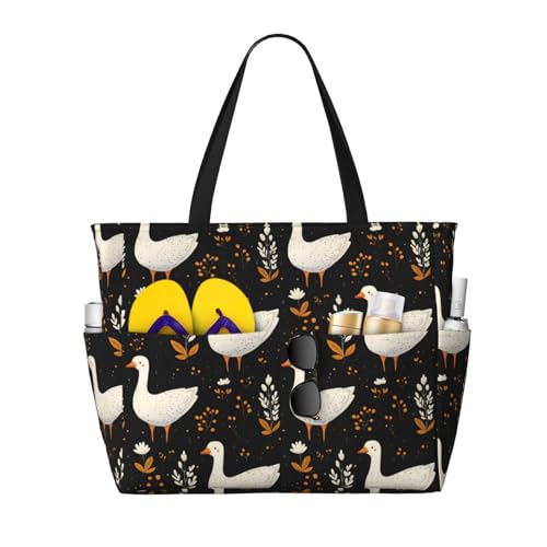 Large Beach Bags for Women Sandproof - Cute Goose White Print Summer Travel Work Tote Bags with Zipper