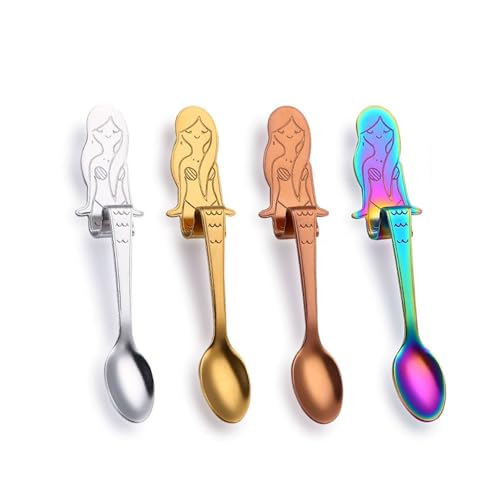 LATRAT Juego de 4 cucharas de café de sirena de acero inoxidable, cucharas de postre, cucharas de huevo, mini cucharas de té de metal