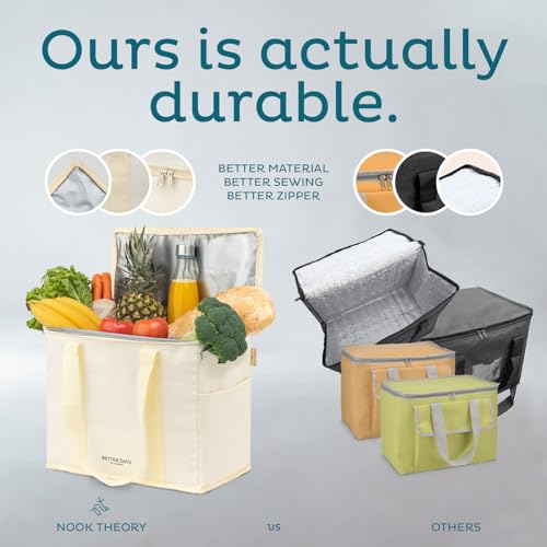 Nook Theory Reusable Insulated Grocery Bag - Leak Proof, X Large Cooler Bag - Insulated Shopping Bags for Groceries - Travel Cooler Bag for Frozen and Hot Food with Zippered Top (Caramel Cream)