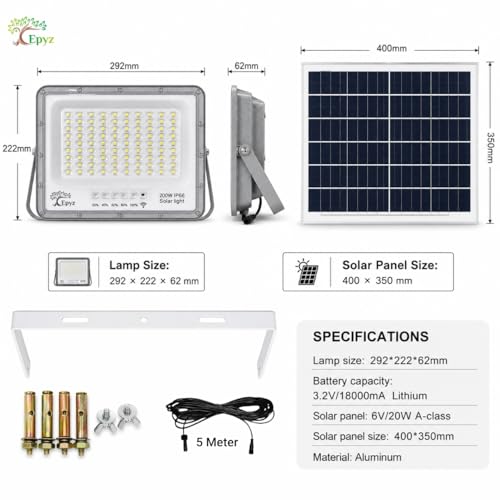 Image of Epyz 200 Watt Solar Flood Light Outdoor Waterproof Aluminium Body with Remote for Home Garden Wall Compound Entrance Automatic LED Lamp [ Pack of 1, Cold White Light ] [ 18000mAh, 120LED ]