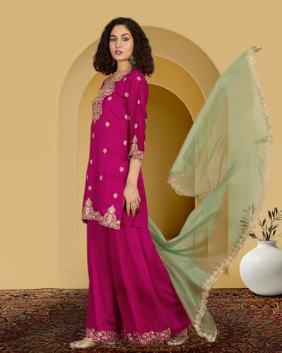 Image of Amazon Brand - Tavasya Women Vichitra Silk Zari Sequence Cording Embroidered Kurta Set | Kurta Set | Ethnic Wear