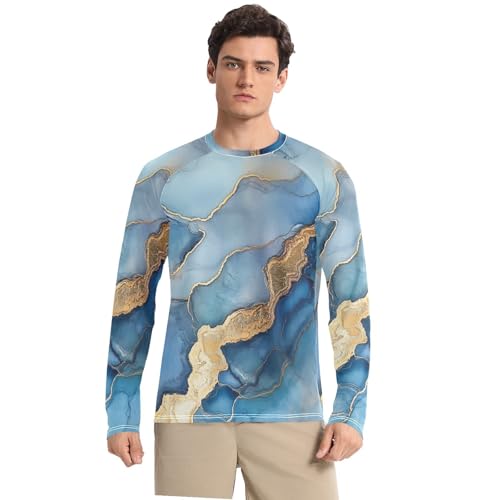 Marble Silver Royal Blue Men's Rash Guard Loose Crew Neck Loose Sun Shirt for Men Long Sleeve Hiking