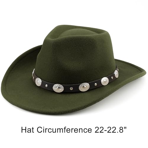 Image of DRESHOW Women Men Classic Felt Wide Brim Western Cowboy & Cowgirl Cap Belt Buckle Retro Panama Hat Unisex Rolled up Caps