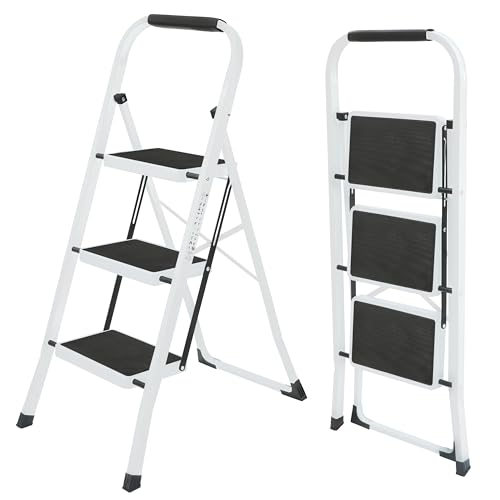 UZIRO Escalera Plegable 3 Peldaños -Estructura de Acero y Peldaño Antideslizante - Asa Superior de Goma - Escaleras Plegables Domésticas - Step Ladder para Hogar (Blanco, 3 Peldaños)