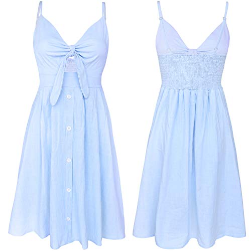 Image of FANCYINN Womens Tie Front Button Down A-Line Dresses Summer Spaghetti Strap Midi Dress Floral Prints