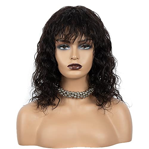 Joedir Wig Wasserwelle Perücken mit Pony Echthaar lockige Perücken für schwarze Frauen brasilianisches reines Echthaar Perücken (40cm, schwarze Farbe) Cover