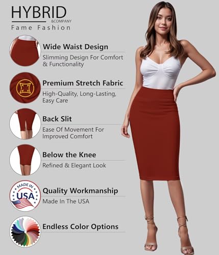 Image of Hybrid & Company Women's Premium Nylon Ponte Stretch High Waist Pencil Suit Skirt Below Knee