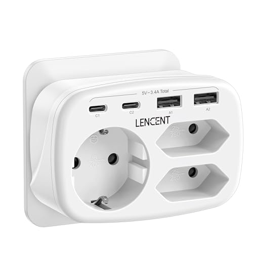 LENCENT USB Steckdose 7 in 1 Mehrfachsteckdose Steckdosenadapter, 3 Fach Doppel Euro und 1 Schuko Mehrfachstecker mit 2 USB-A und 2 USB-C Anschlüsse, Doppelstecker für Wand Steckdose, Polykarbonat