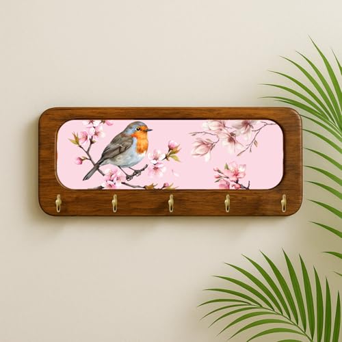Image of Stylish Wooden Key Holder for Wall | Cute Key Holder for Home Decor | Key Holder Stand with 5 Hooks | Wall Mounted Key Hanger| (Bird Pink Keyholder)