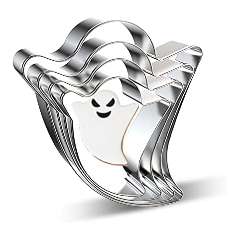 Ghost Cookie Cutter Set - 4 Pieces Large Small Mini Bluk Metal Specter Ghost Shape Fondant Cookie Cutter Biscuit Molds for Fall/Autumn Halloween Party Decorations - Stainless Steel Cover