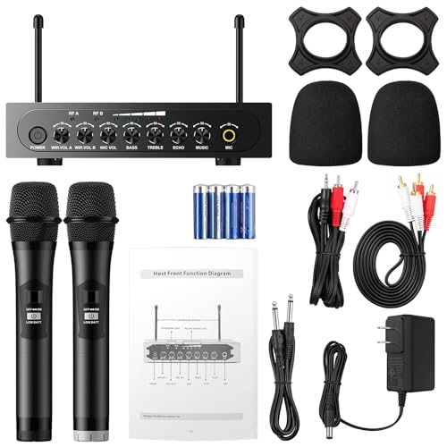 PROZOR UHF Wireless Microphone System, Professional Handheld Mic Dual Karaoke Microphone with Treble Echo Bass Control&Bluetooth for Party,Home Karaoke, Church, Weddings