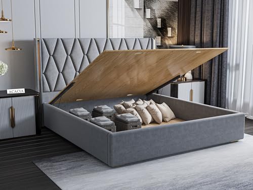 Image of Acacia Modern Upholstered King Size Bed with Hydraulic Storage for Bedroom | Wooden Furniture Double Beds for Home & Hotels | Platform Cot Bed with Upholstery Fabric, 6.5 x 6 Ft, Sheesham Wood, Grey