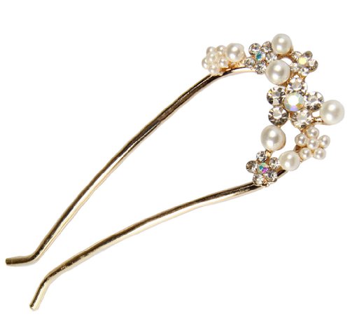 niceeshop(TM) U Shape Teeth Fax Pearl Bling Rhinestone Prong Hair Clips,Gold White