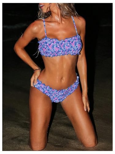 MakeMeChic Women's Two Piece Bikini Set Floral Frill Trim Spaghetti Strap Bathing Suit Beachwear2