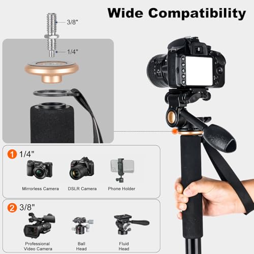 Image of Koolehaoda 71.6 inch Camera Monopod with 3-Way Pan Tilt Head & Detachable Feet | Aluminum Tripod & Monopod Photography Unipod Stick for DSLR, Camcorder, Vlog & Sports Shooting