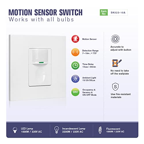 Motion Sensor Switch with Occupancy Sensor/Vacancy Sensor/On-Off Switch,Pir Motion Sensor Light Switch with Time Delay&LUX Setting Adjustable,10A,AC110~265V,PC Fireproof(Neutral Wire Required) - Image 4
