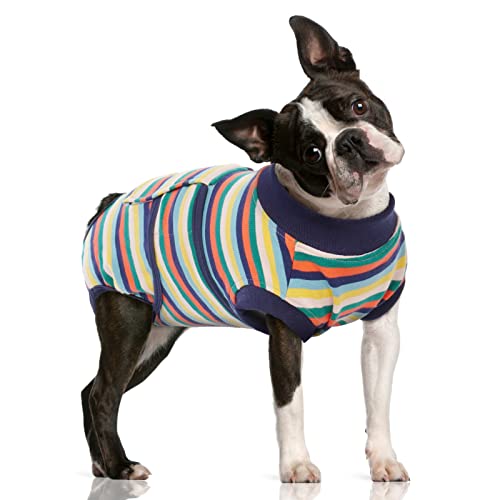 Image of FUAMEY Recovery Suit for Dogs After Surgery,Soft Breathable Dog Bodysuit E-Collar & Cone Alternative Surgical Suit,Male Female Dog Neuter Spay Suits Anti Licking Wounds Onesie Dark Blue Stripes L