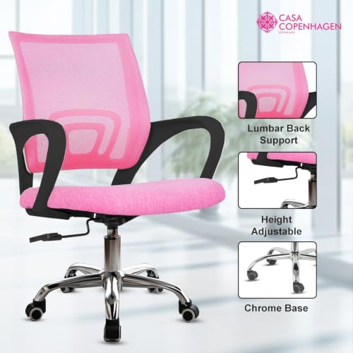 Image of Casa Copenhagen Mesh Mid Back Office /Study /Computer /Revolving /Desk Chair for Work from Home -Metal Base, Height Adjustable Seat - Pink Mist & Black Handle