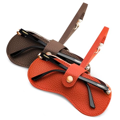 Image of FEISEDY Sunglass Case, 2Pcs Soft Leather Eyeglass Cases for Women | Slim Portable Glasses Holder, with Button-Closure Wrist Strap for Travel & Outdoor B0308