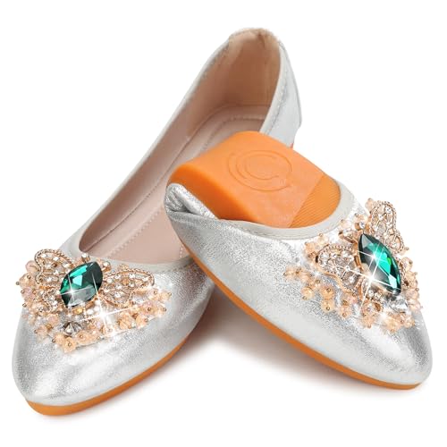 Image of KUNWFNIX Women Ballet Flats Rhinestone Wedding Ballerina Shoes Foldable Sparkly Comfort Slip on Flat Shoes