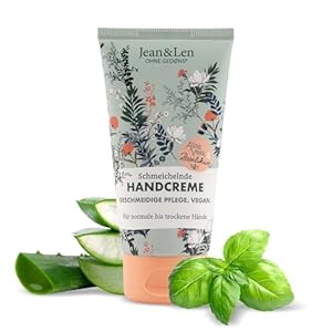 Jean & Len – Flattering Hand Cream Aloe Vera & Basil, hand care for normal to dry hands, nourishes intensively, without parabens and silicones, vegan, hand cream tube, 2.53 Fl. Oz.