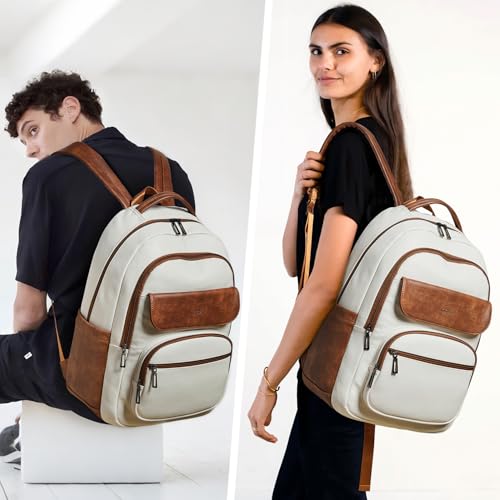 Image of Leresas 37L Backpack Purse for Women Mens Teacher Bag Work Travel Back Pack Vegan Leather Laptop College Daypack Business Computer Book Bag Beige