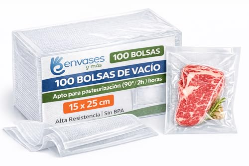 Envases y Más Bolsa De Vacío Gofrada Para Alimentos Compatible Con Máquinas De Envasado Domésticas Sellado Hermético Alta Resistencia Apto Sous Vide Y Conservación Prolongada (150/250 mm 100 Bolsas)
