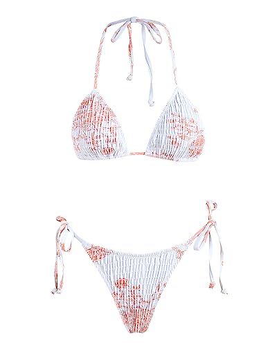Image of Women's Triangle Bikini Set String Swimsuit Print Tie Smocked Ruched Two Piece Bathing Suit